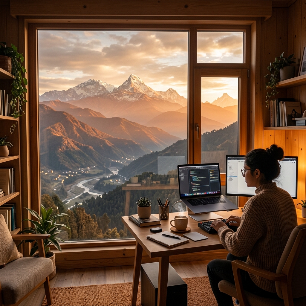 Tech workspace overlooking the Himalayas